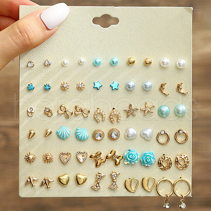 30Pairs Alloy & Plastic Imitation Pearl & Rhinestone Stud Earring Sets WGF62EF-02-1