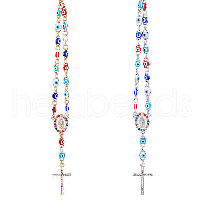 DICOSMETIC 2Pcs 2 Colors Alloy Rhinestone Cross Charm Bracleet with Colorful Resin Evil Eye Beaded Chains BJEW-DC0001-07-1