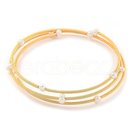 Mother's Day Jewellery Three-Loops Brass & Natural Freshwater Pearl Beaded Wrap Bracelets for Women BJEW-F470-01G-1