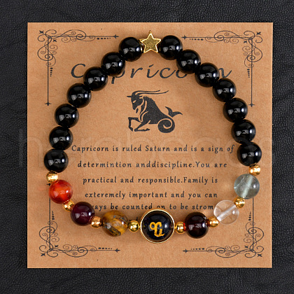 12 Zodiac Sign Natural Black Obsidian Round Beads Stretch Bracelets for Men Women WG228FC-03-1