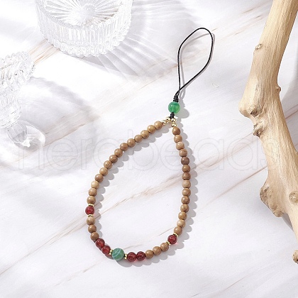 Dyed Natural Green Banded Agate & Wood Round Beaded Phone Hand Strap Chains HJEW-JM03364-01-1