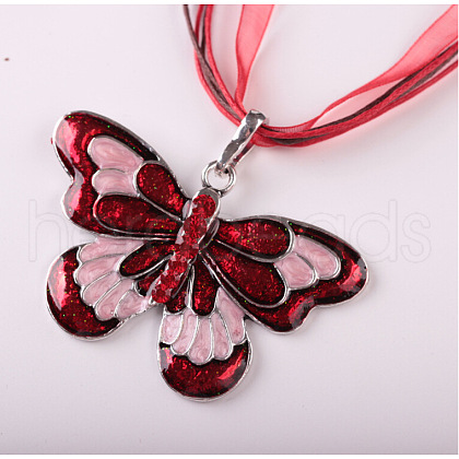 Butterfly Alloy Enamel & Rhinestone Pendant Waxed Cord Necklaces for Women FS-WGA0605-01-1
