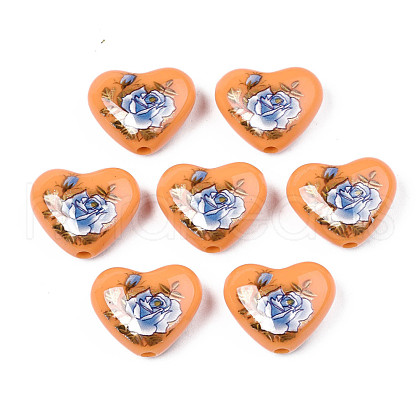 Flower Printed Opaque Acrylic Heart Beads SACR-S305-28-J02-1