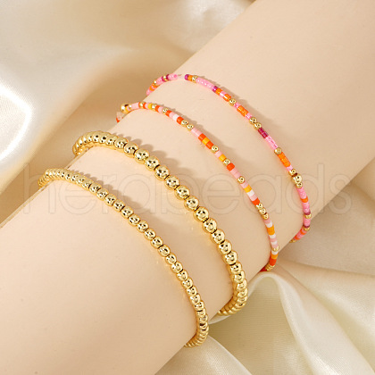 4Pcs 4 Styles Glass Seed Cylinder Beads Stretch Bracelet & Brass Round Beads Stretch Bracelet Set BP7471-4-1