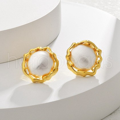 Brass ABC Plastic Imitation Pearl Half Round Stud Earrings EJEW-S270-07G-1