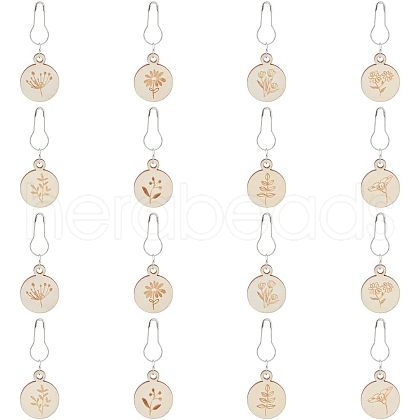 8Pcs 8 Style Flat Round with Flower Wood Charms Locking Stitch Marker HJEW-WH0042-32-1
