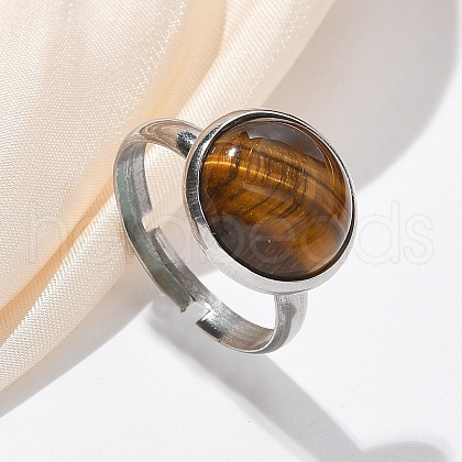Half Round Natural Tiger Eye Finger Rings X-RJEW-M062-01P-08-1