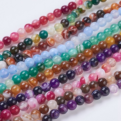 Round Dyed Natural Striped Agate/Banded Agate Beads Strands G-G582-6mm-M-1