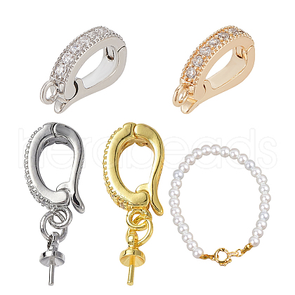 DELORIGIN 4Pcs 4 Styles Brass Micro Pave Clear Cubic Zirconia Fold Over Clasps KK-DR0001-12-1