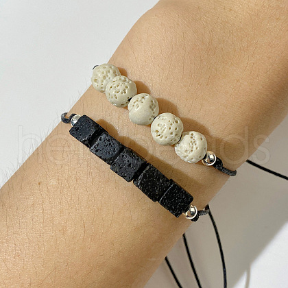 2Pcs 2 Styles Natural Lava Rock & White Lava Rock Breads Braided Bracelets for Couple EI6928-1