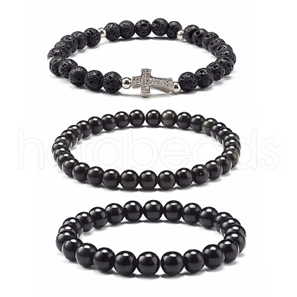 Natural Obsidian & Lava Rock Round Beads Stretch Bracelets Set BJEW-JB06982-04-1