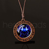 Flat Round with Twelve Constellations Blue Glass & Wood Pendant Waxed Leather Cord Necklace for Women Men WG486C3-03-1