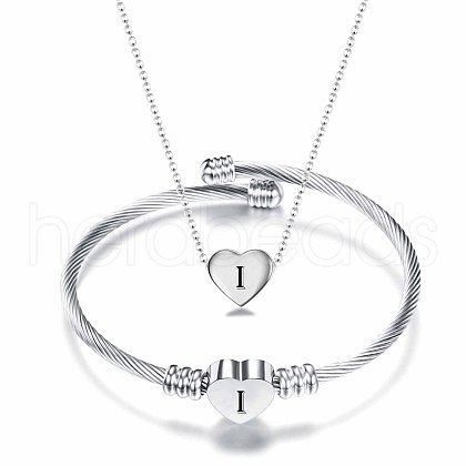 Heart with Letter Pattern 304 Stainless Steel Cuff Bangle & Pendant Necklace FS-WGA0158-09-1