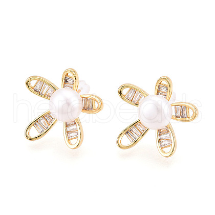 Flower Brass Natural Pearl Stud Earrings PEAR-N020-05X-1