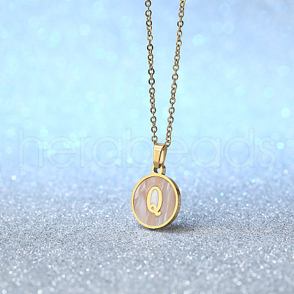 Flat Round Stainless Steel Pave Natural White Shell Initial Pendant Necklaces for Women FS-WG6FA45-17-1
