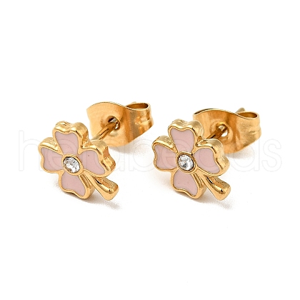 Enamel Clover with Crystal Rhinestone Stud Earrings with 316 Surgical Stainless Steel Pins EJEW-A081-12G-01-1