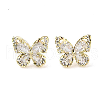 Butterfly Brass Micro Pave Clear Cubic Zirconia Stud Earrings with Glass for Women EJEW-L285-011G-1