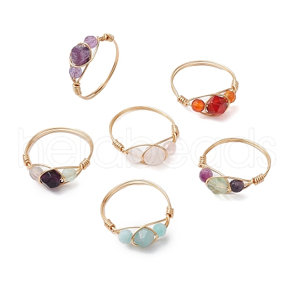 6Pcs Round Natural Rose Quartz & Amethyst & Fluorite & Carnelian & Amazonite & Red Agate Finger Ring RJEW-JR00754-S-1