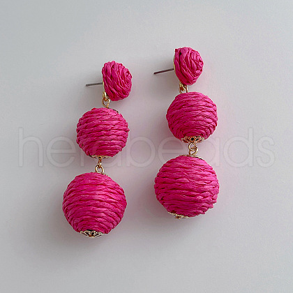 Alloy Raffia Round Beaded Dangle Stud Earrings FS-WG4318B-01-1