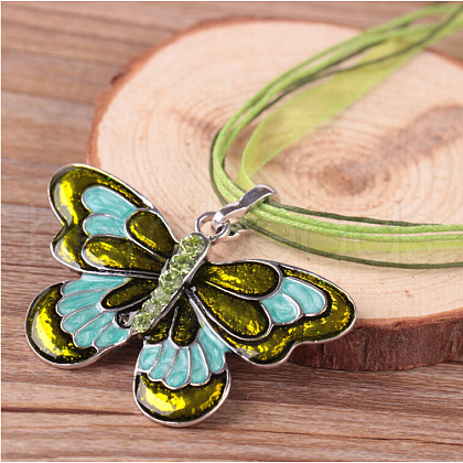 Butterfly Alloy Enamel & Rhinestone Pendant Waxed Cord Necklaces for Women FS-WGA0605-02-1