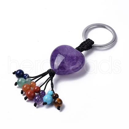 Natural Amethyst Heart with Mixed Gemstone Tassel Keychains KEYC-P012-03P-01-1