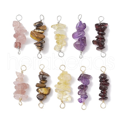 10Pcs 5 Styles Constellation Natural Garnet & Rose Quartz & Tiger Eye & Amethyst & Strawberry Quartz Copper Wire Wrapped Chip Beaded Connector Charms PALLOY-JF02905-11-1