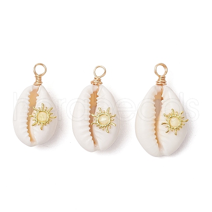 Copper Wire Wrapped Natural Cowrie Shell Pendants PALLOY-JF03554-05-1