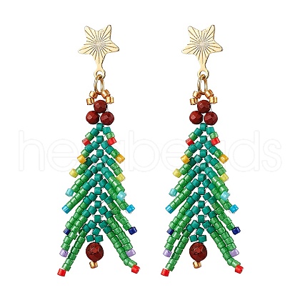 Christmas Tree Natural Red Jasper & Glass Seed Beads Dangle Stud Earrings for Women EJEW-MZ00157-1