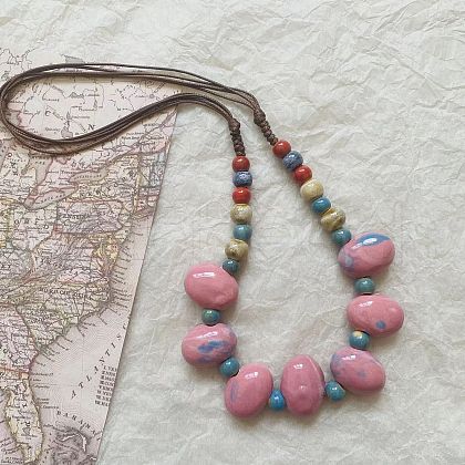 Ethnic Style Oval Porcelain Beaded Bib Necklaces with Imitation Leather Cord FS-WGD6870-01-1