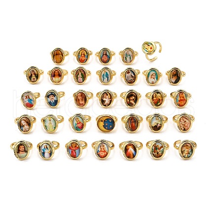 Jesus & Virgin Mary Theme Brass Micro Pave Clear Cubic Zirconia Cuff Rings for Women KK-D343-15G-1