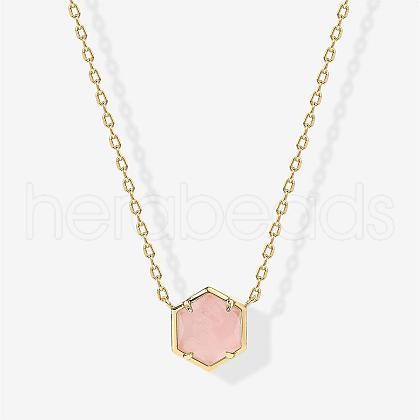 Brass Pave Natural Rose Quartz Hexagon Pendant Necklaces for Women FS-WG13B5A-01-1