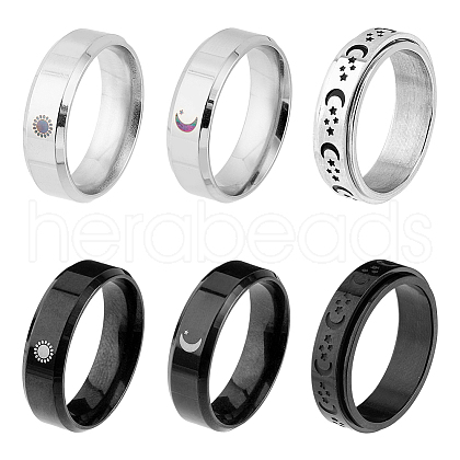 FIBLOOM 6Pcs 6 Styles Sun & Moon & Star 304 Stainless Steel & Stainless Steel Band Rings Set RJEW-FI0001-09-1