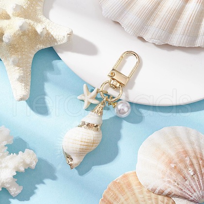 Spiral Shell & Synthetic Turquoise Starfish Pendant Decorations HJEW-JM03171-03-1