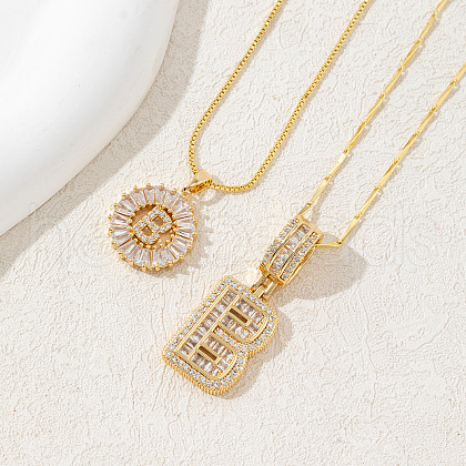 2Pcs 2 Styles Brass Pave Clear Cubic Zirconia Initial Pendant Necklace Sets FS-WGBC393-02-1