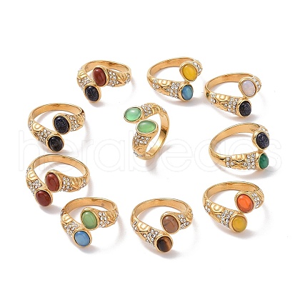 Gemstone Oval Open Cuff Ring with Crystal Rhinestone STAS-E168-10B-G-1