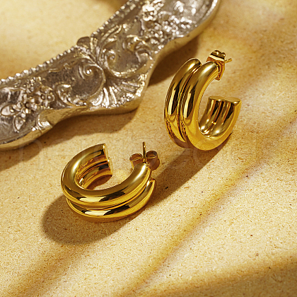Elegant Stainless Steel Double Layer C-shaped Half Hoop Stud Earrings for Women YC0803-1-1
