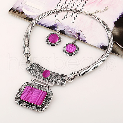 Alloy Rectangle Pendant Necklace & Flat Round Dangle Earring Sets FS-WG0E2DC-03-1