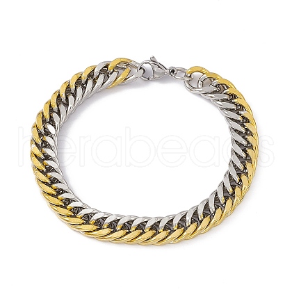 Two Tone Vacuum Plating 201 Stainless Steel Curb Chain Bracelet with 304 Stainless Steel Clasps for Men Women BJEW-M235-02B-GP-1