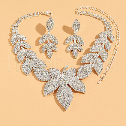 Leaf Brass Crystal Rhinestone Pendant Necklaces & Stud Dangle Earrings Sets FS-WG7504E-01-1