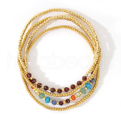 4Pcs Luxury Natural Garnet Round Beads & Moonstone & Lapis Lazuli & Malaysia Jade & Glass & Cubic Zirconia & Purple  Garnet & Red Garnet & Glass Seed Beads Stretch Bracelet Set for Women AP3962-3-1