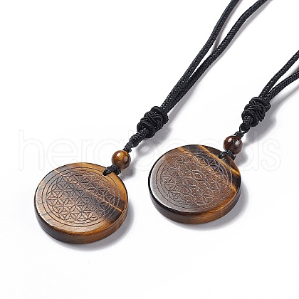 Natural Tiger Eye Flat Round with Flower of Life Pendant Necklace with Nylon Cord for Women NJEW-P274-02-01-1