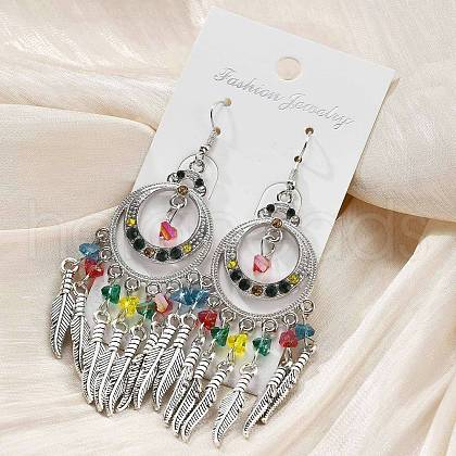 Ring & Feather Alloy & Glass Chandelier Earrings EJEW-G426-01AS-1