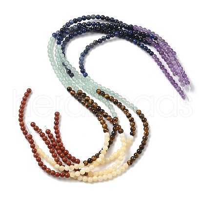 Chakra Natural Red Jasper & Yellow Jade & Green Aventurine & Tiger Eye & Sodalite & Amethyst Beads Strands G-NH0002-E02-4mm-1