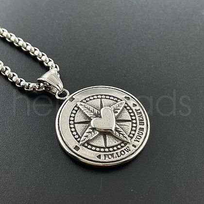 Stylish Stainless Steel Heart Compass Pendant Punk Necklaces for Men RK6360-1
