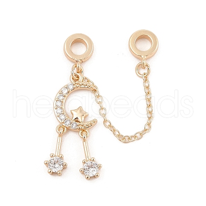 Rack Plating Moon & Star Brass Clear Cubic Zirconia European Safety Chains KK-F879-24G-1