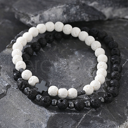 2Pcs 2 Styles Cross Lava Rock Round Beads Stretch Bracelets for Men HI1764-1