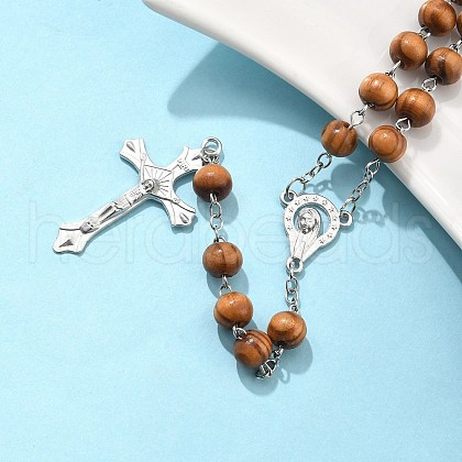 Religious Prayer Pine Wood Beaded Lariat Necklace X-BJEW-O140-04P-1