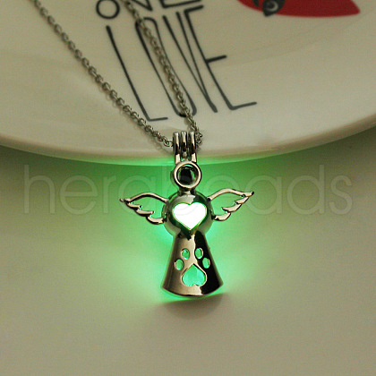 Alloy Angel Cage Pendant Necklace with Luminous Plastic Beads LUMI-PW0001-075P-03-1