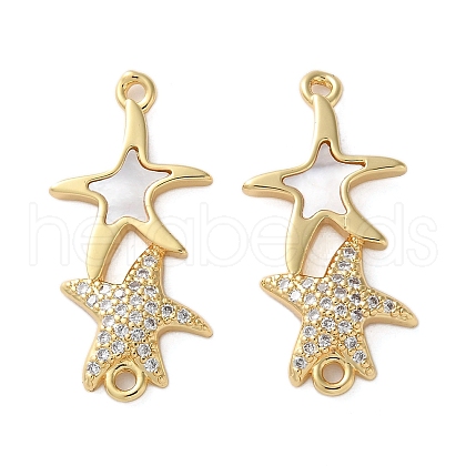 Brass Micro Pave Clear Cubic Zirconia Double Starfish Connector Charms KK-U070-08G-1