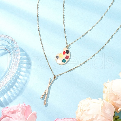 Alloy Colorful Enamel Paint Palette and Brush Pendant Double Layer 304 Stainless Steel Chain Necklaces for Women NJEW-JN05343-1